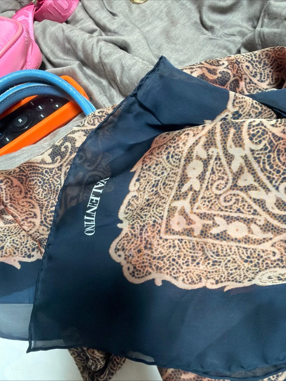 Valentino  Sheer Navy and Tan Paisley Silk Scarf Vintage 80’s Stunning Silk